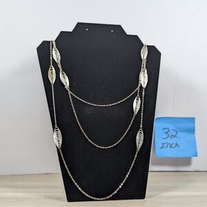 Silver Tone Layered Necklace 32” Long Chain Station Oval Boho Statement